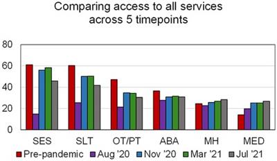 Demographic differences in access to health/therapeutic services over first year of the pandemic: a SPARK COVID-19 impact survey analysis